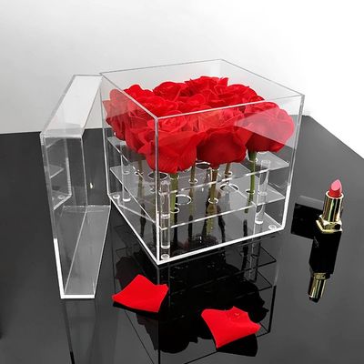 Caja de acrílico de la flor de 9 agujeros con la tapa, Rose Acrylic Box preservada cuadrada